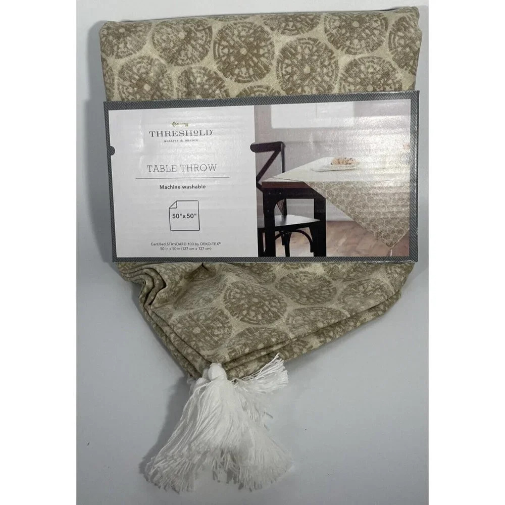 Threshold Brown Circles White Tassels Table Throw Linen Cotton 50" x 50" NEW